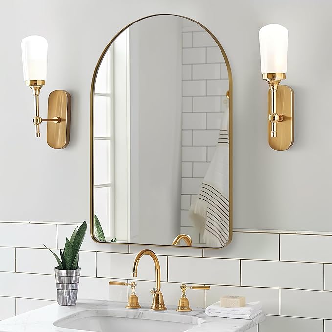 ANDY STAR Arched Mirror, 20 x 30 Inch Gold Bathroom Mirror in Stainless Steel Metal Frame, Arch Top Rounded Corner 1 Inch Deep Set Design Wall Mount Hangs Vertical