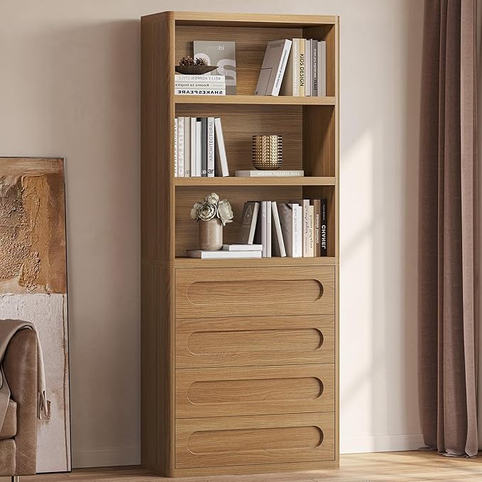 Bookcase with 4 Drawers, 72.1" Tall Bookshelf with 3 Storage Shelves, Large Bookshelves Cabinet for Living Room, Bedroom, Home Office (Oak Brown)