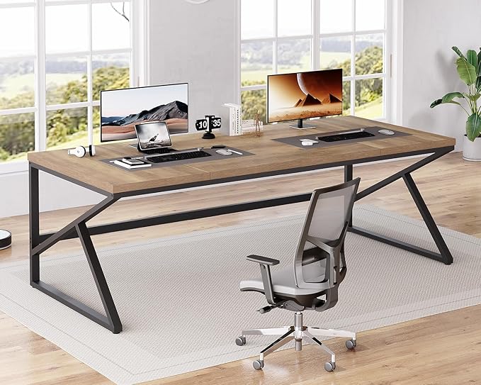 HSH Extra Large Home Office Desk, Rustic Wood and Metal Computer Desk for 2 People, 78 Inch Long Executive Writing Study Gaming Double Desk Workstation, Bedroom Living Room PC Table for 2 Monitors