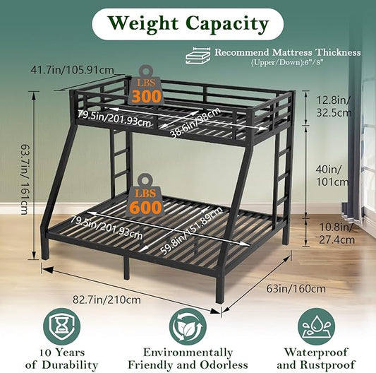 Bunk Beds Twin XL Over Queen, Heavy Duty Bunk Beds with Bottom Space & Guardrail Metal Bunk Bed Frame for Adults Teens Dorm Bedroom Guest Room, No Box Spring Needed(Black)