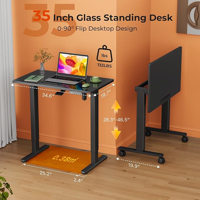 Glass Standing Desk,35inch Whole Piece Rolling Sit Stand Table with Wheels,90° Tiltable Mobile Rising Height Adjustable,Foldable Top Suit for Small Laptop,Black