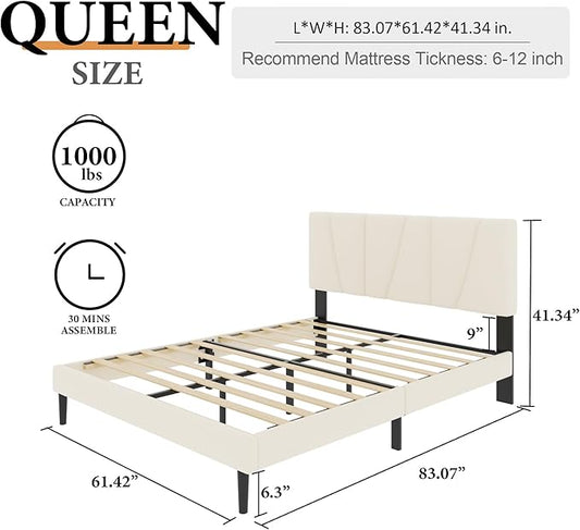 Full Size Platform Bed Frame with Upholstered Headboard, Wooden Slats Support, Noise Free, No Box Spring Needed, Easy Assembly, Beige, Velvet