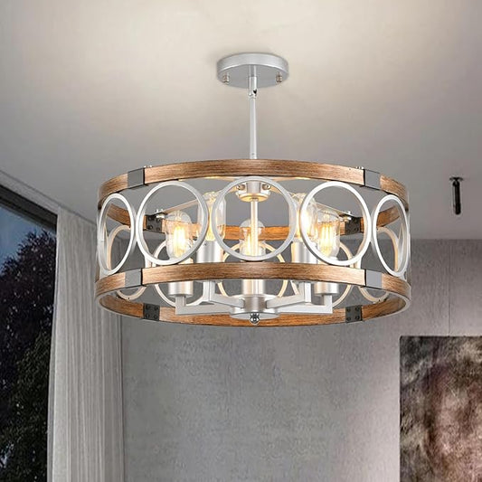 Flush Mount Ceiling Light Fixture Ceiling Mount,5 Light 19.7" Silver Drum Chandelier Rustic Farmhouse Chandelier Modern Pendant Light Fixtures for Kitchen Lighting Fixture
