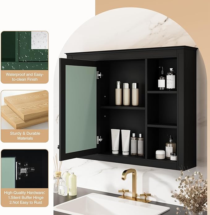 Bathroom Wall Cabinet with Mirror, 35'' x 27.5'' Medicine Cabinet with Mirror Door and Adjustable Shelves, Over Toilet Storage Cabinet, Wall-Mounted Bathroom Mirrors for Over Sink with Storage