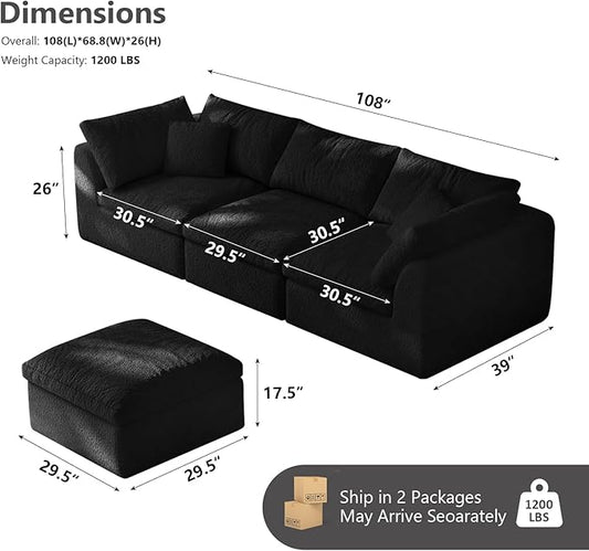 108" Boneless Cloud Couch Modular Sectional Sofa with Deep Seat for Living Room, L Shape Couch with Ottoman, Snowflake Cloth and 40D Memory Sponge,2 Throw Pillows (Black, 3 Seater+1 Ottoman)