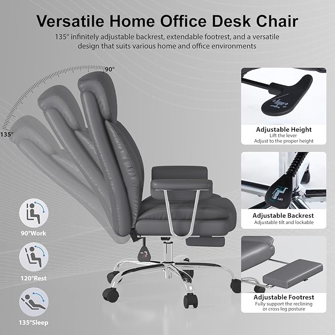 Big and Tall Office Chair, Executive Home Office Desk Chair, Comfy Leather High-Back Reclining Computer Chair with Retractable Footrest and Padded Arms, 360°Swivel Rolling Wheels, Wide Seat, Gray