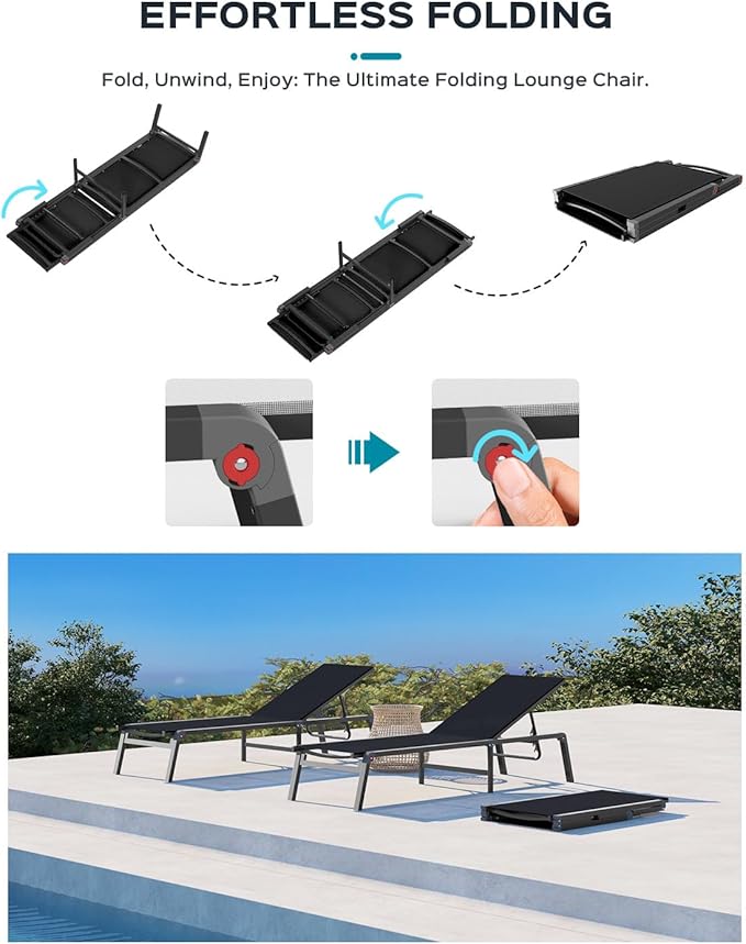 Aluminum Chaise Lounge Ourdoor - Foldable & Assemble Free Outdoor Lounge Chair with 5 Adjustable Backrest, Patio Lounge Chair for Outside Poolside Beach Pool, Black