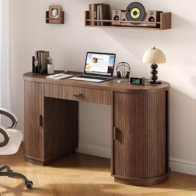ONBRILL 58" Fluted Executive Desk with Storage, Home Office Desk with Drawers, Wood Computer Writing Desks with Charging Station for Study Living Room Bedroom Work Walnut
