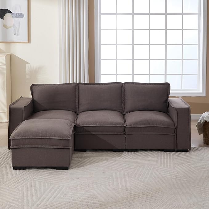 Modern Sectional Sofa for Living Room, Upholstered 3-Seater Modular Couches Linen Fabric L-Shaped Sofa with Ottoman for Home Furniture, Grey