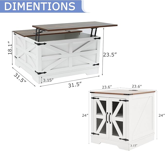 Farmhouse Coffee Table Set of 3, 1 Lift Top Coffee Table with Sliding Barn Doors and 2 End Tables with Charging Station, Living Room Table Set for Home Office, White