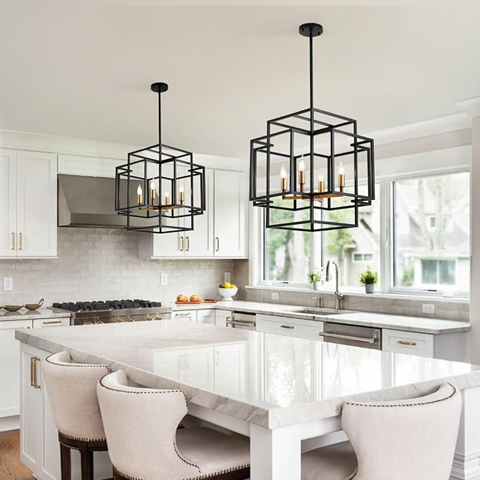 WJShome High Ceiling Foyer Chandelier: 4-Light Farmhouse Lantern Chandeliers for Entryway Industrial Large Pendant Light Fixtures for Entry Staircase Hallway Dining Room Kitchen Island, Black & Gold