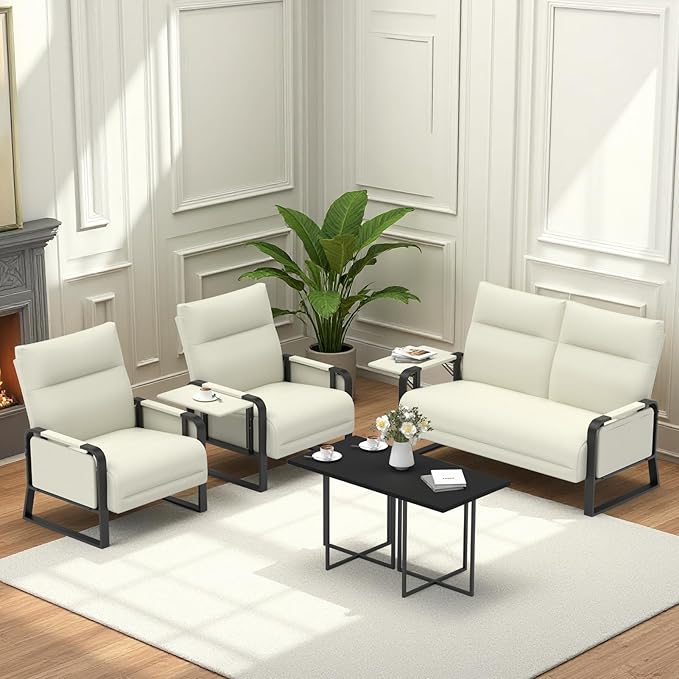 Faux Leather Sectional Couches for Living Room 3 Piece Loveseat and Chair Set with Flip Up Tray Tables Side Pockets Modern Modular Sectional Sofa for Office (2-Seat+1-Seat+1-Seat, Beige)