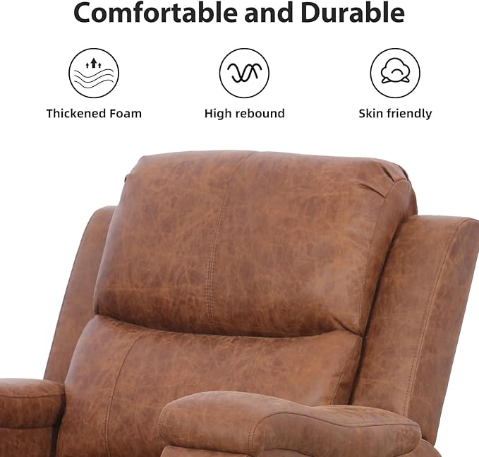 Brown Recliner Chair, Single Overstuffed Sofa Recliners, Breathable Faux Leather Manual Reclining Chairs with Hidden Cup Holder, Arm and Back for Adults, Living Room, Bedroom, Brown