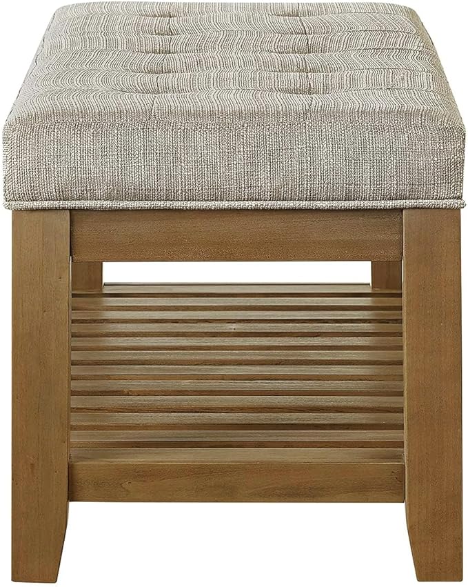 24KF Large Rectangular Upholstered Tufted Linen Fabric Ottoman Bench, Padded Bench with Solid Wood Shelf-Linen