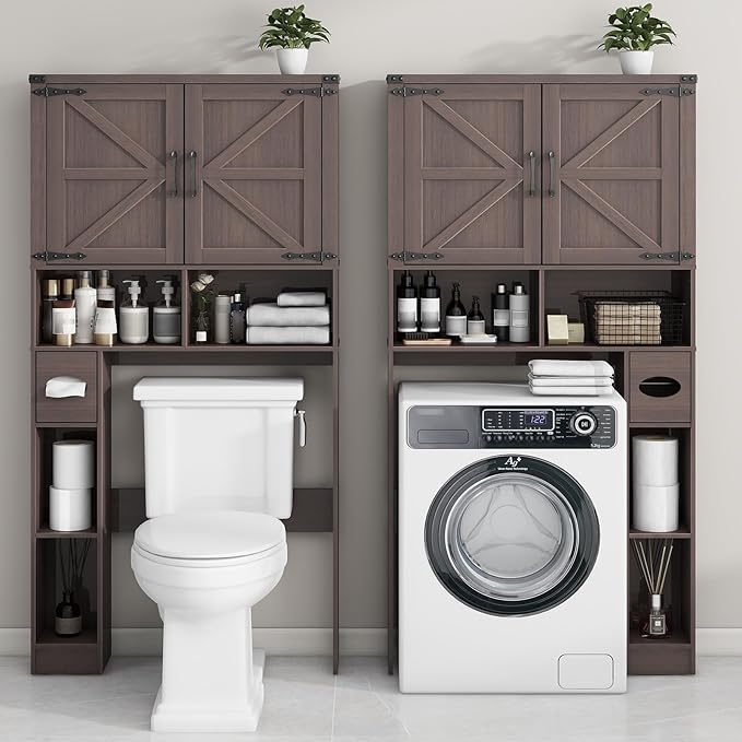 Vabches Over The Toilet Storage Cabinet, Farmhouse Storage Cabinet Over Toilet with Barn Doors & Toilet Paper Holder Stand,Home Space-Saving Toilet Rack, for Laundry, Bathroom, Restroom(Espresso).