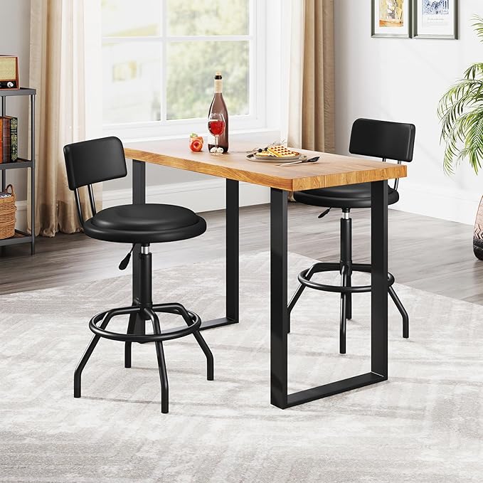 COSTWAY Adjustable Height Bar Stools Set of 2, 360 Degree Swivel, Modern Guitar Stool for High Ergonomic Seating, with PU Leather Cushion, Heavy Duty Steel Frame for Bar, Shop and Music, Garage, Black