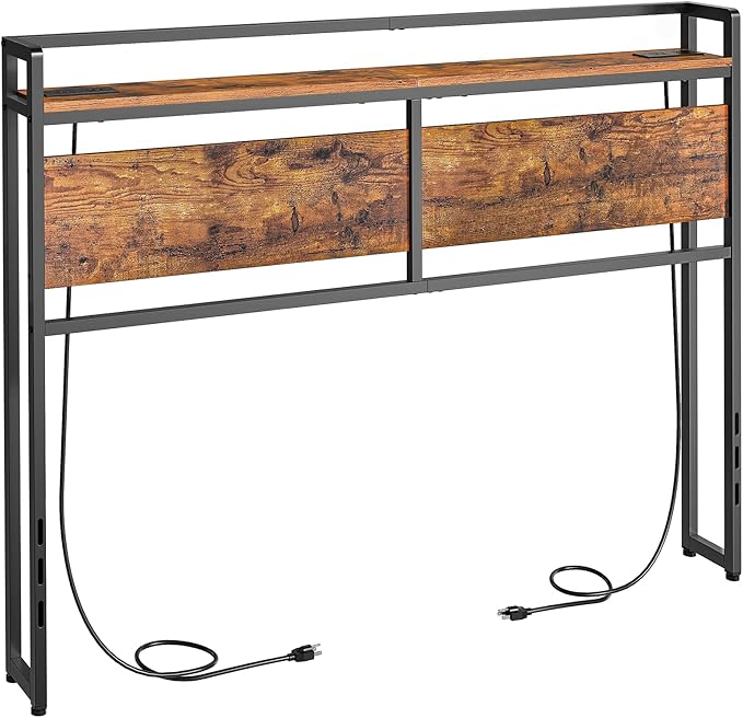 HOOBRO Headboard Full Size, Headboard with 2 Outlets and 4 USB Ports, Adjustable Height, Storage Rack, Sturdy and Stable, Easy Assembly, Rustic Brown and Black