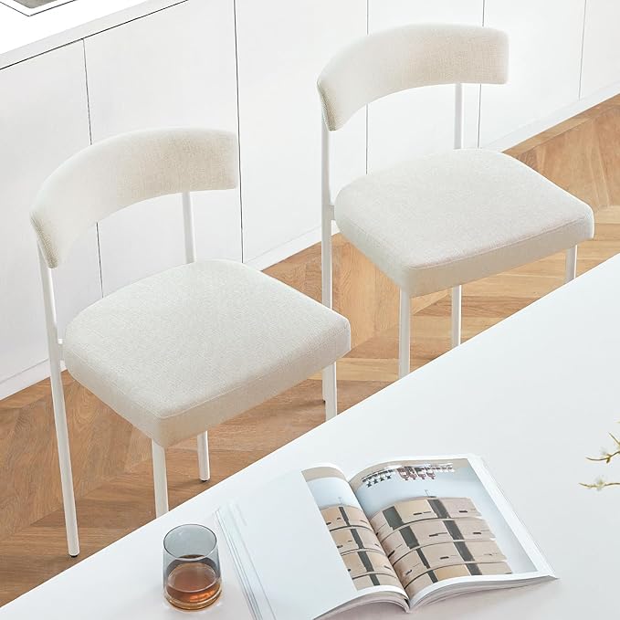 Beige Modern Bar Stools Set of 2, 24 Inch Counter Stools with Curved Backrest, Counter Height Bar Stools for Kitchen Island