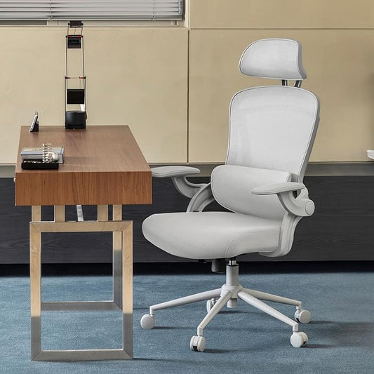 Nouhaus Ergo Fit Ergonomic Mesh Office Chair High Back Adjustable Lumbar Support Headrest and Adjustable Flip-up Armrests, Comfy Desk Chairs Swivel Computer Gaming Chair Tilt Function(N20, White)