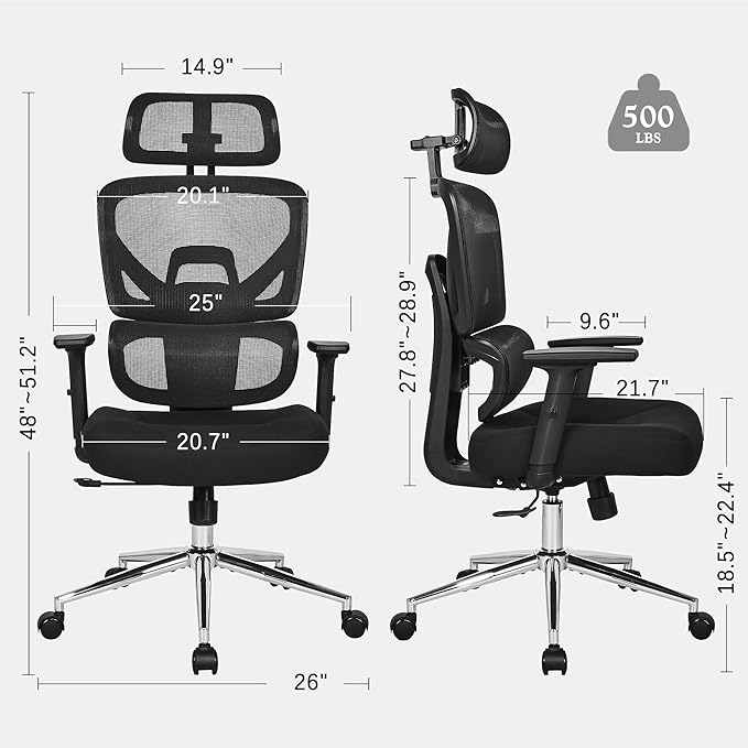 VECELO High Back Ergonomic Office Chair, Big and Tall Mesh Desk Chair with Wheels, Tilt Function, 3D Headrest, Lumbar Support, Swivel Rolling Computer Chair for Task, Home Office, Black