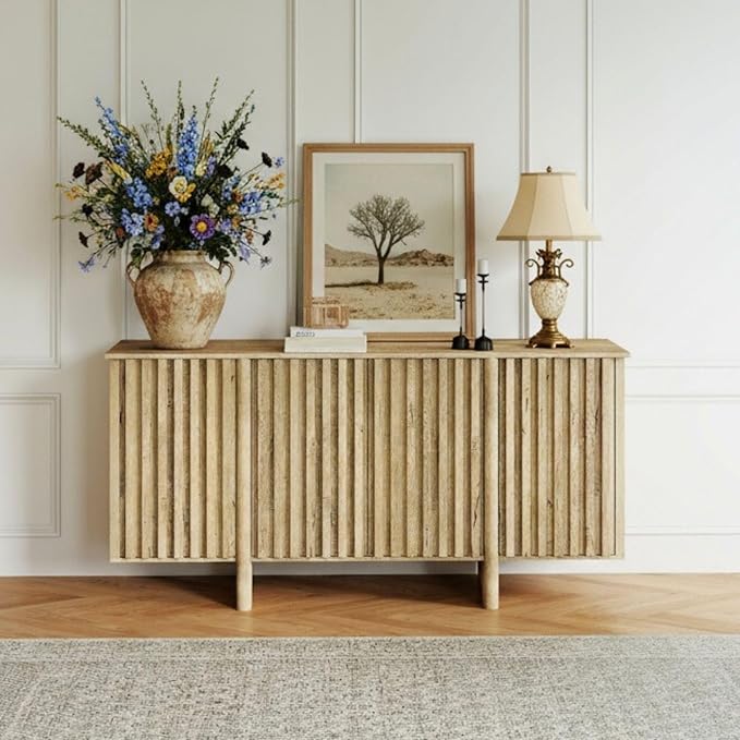 LukeAlon Fluted Sideboard Cabinet with Storage, 65" Farmhouse Accent Buffet Cabinet Credenza, Wooden Entryway Cabinets Long Console Table for Living Room Dining Room Hallway, Natural Wood Color