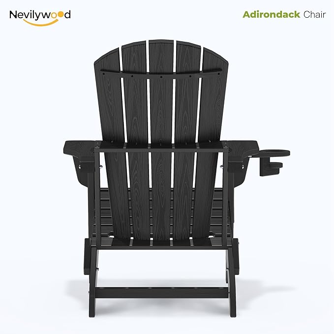 nevilywood Folding Adirondack Chair - Extended Ergonomic Backrest, Cup Holder - Easy Assembly - Durable HDPE Plastic, Weather Resistant & Maintenance-Free - Lawn, Patio, Deck Supports 380lbs Black