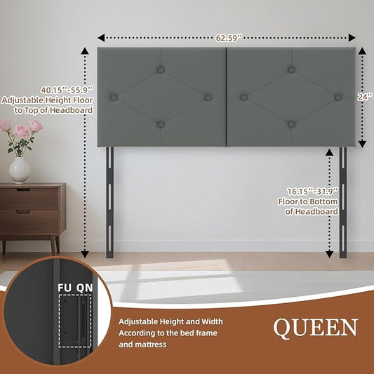 Modern Queen Headboard, Upholstered Faux Leather Bed Headboard with Solid Wood & Sturdy Metal Legs, Tufted Adjustable Height Headboards in Button Design, Grey
