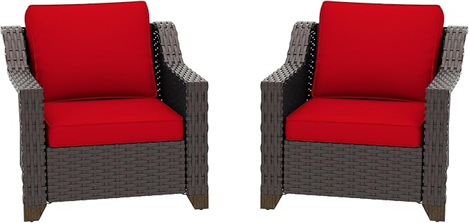 Patio 2 Pieces Wicker Chairs Set of 2,Outdoor PE Rattan Armchairs, Water-Resistant Cushions with Removable and Washable Covers, Porch, Balcony, Sunroom (Red)