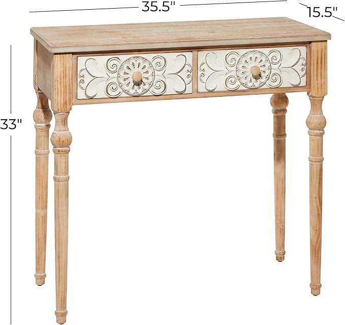 Deco 79 Wood Floral Intricately Carved 2 Drawers Console Table, 36" x 16" x 33", Brown