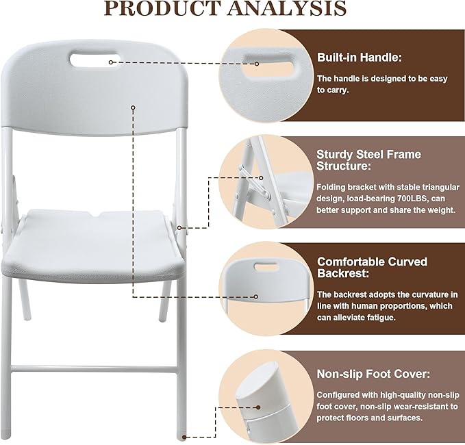 8 Pack Folding Chair, 700 lb Weight Capacity,Indoor/Outdoor Heavy Duty Foldable Chairs for Restaurants, Kitchens, Picnics, Races, Parties & Weddings. (8, White)