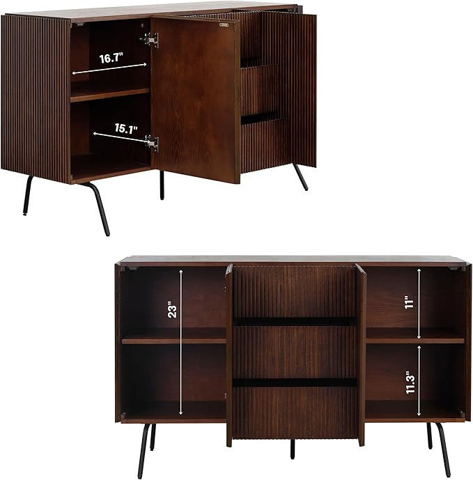 NTC Veil Sideboard with 2 Doors and 3 Drawers, Buffet Cabinet with Vertical Groove Design and Metal Legs, Storage Cabinet for Living Room, and Entryway, Effortless Assembly - Dark Walnut