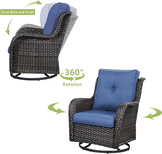 HUMMUH Outdoor Swivel Rocker Wicker Patio Chairs Set of 2, Rattan Rocking Chair Furniture Set(Brown,Blue)