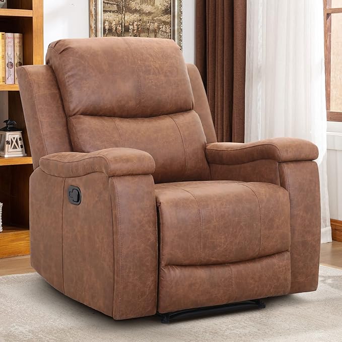 CANMOV Leather Recliner Chair, Classic and Traditional Manual Recliner Chair with Overstuffed Arms and Back, Manual Single Sofa with Concealed Cup Holders, Brown