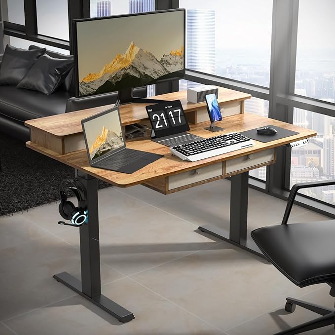 48 * 30 Inches Electric Standing Widened Desk Adjustable Height with 4 Drawers, Double Storage Shelves Stand Up Desk, Home Office Workstation Sit Stand up Desk (Light Rustic Brown)