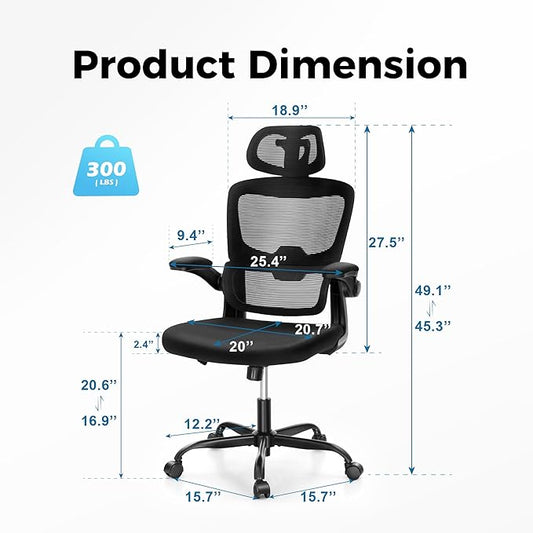 MAISON ARTS Ergonomic Office Chair, Breathable Mesh Computer Chair with Lumbar Support and Flip up Armrests, Black High Back Office Chair Executive Desk Chair with Wheels for Home Office