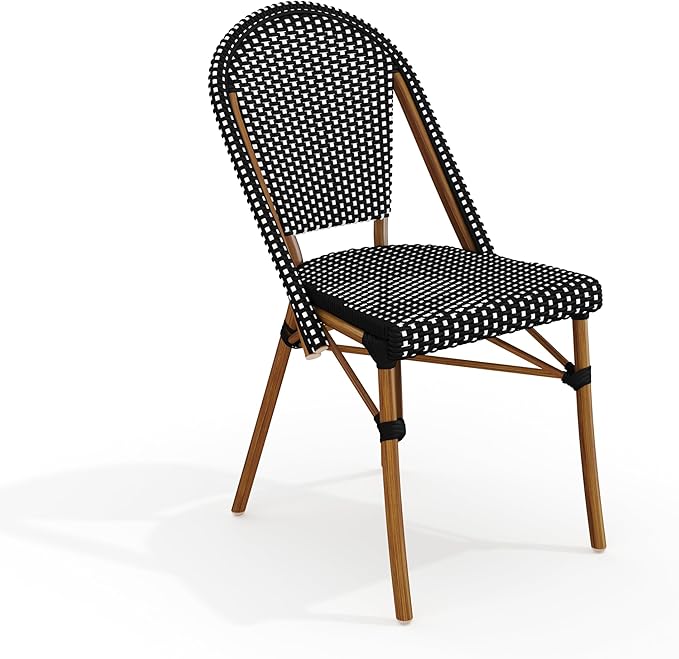 Martha Stewart Lily Pond Indoor-Outdoor Stackable Aluminum Bistro Chair with Natural Woodgrain Frame Finish and Black/White Woven Rattan Backrest and Seat