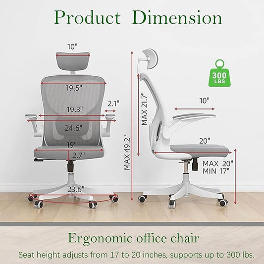 Ergonomic Office Chair, High-Back Mesh Computer Desk Chair with Adjustable Height, Lumbar Support, Flip-Up Armrests,headrest,and Swivel Rolling Design for Home and Office Use