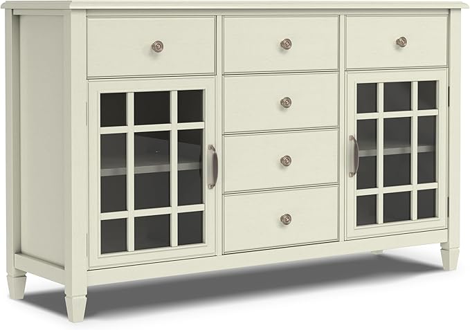 SIMPLIHOME Connaught Buffet - 60 inch Wide Solid Wood 3-Door Sideboard Buffet in Antique White, Traditional Storage Cabinet for Dining Room or Kitchen with Adjustable Shelves and Classic Molding