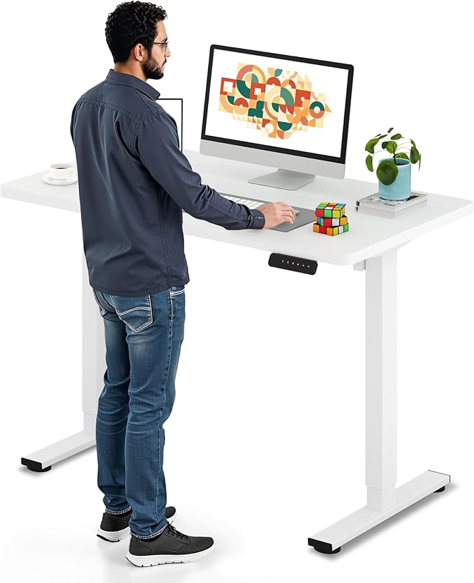 SANODESK Electric Standing Desk 40 x 24 Inches Whole-Piece Desktop Height Adjustable Stand Up Desk w/6-Button Controller Ergonomic Computer Desk for Home Office, White Frame + White Tabletop