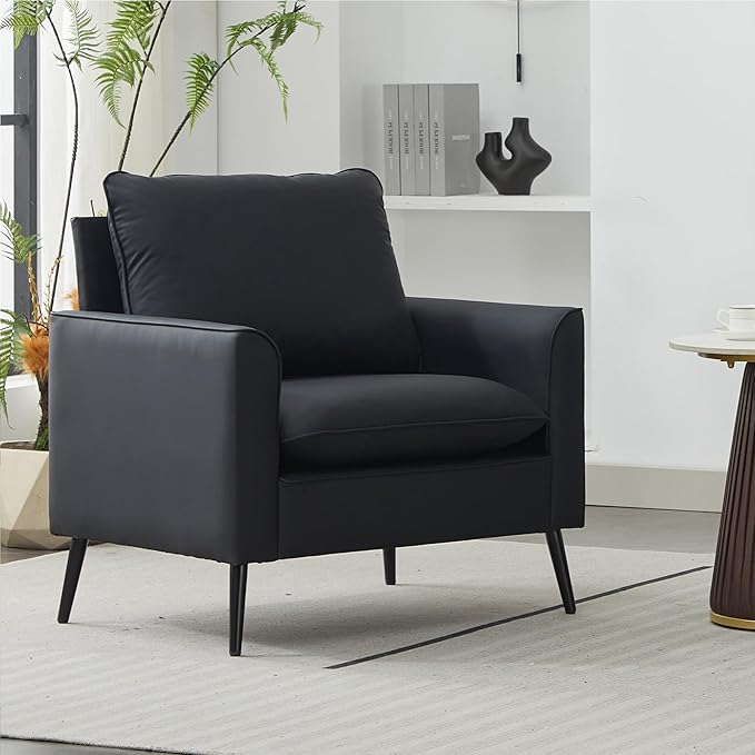 YISHENG Mid-Century Modern Living Room Accent Chairs Set of 2 - Oversized Faux Leather Armchairs with Removable Cushions & Metal Legs, Comfortable Sofas for Office/Lounge/Bedroom/Reception,(Black)