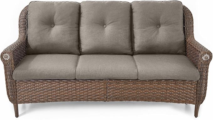 Patio Couch Outdoor Wicker Sofa - Heavy Duty All-Weather Brown Rattan 3-Seater with High Back and Comfortable Thick Cushions for Garden Back Porch Poolside Apartment - Grey