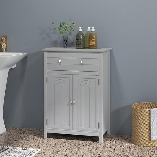 LOKO Bathroom Floor Cabinet, Kitchen Storage Cabinet with 1 Drawer, 2 Doors & 3-Position Adjustable Shelf, 2-Door Floor Storage Cabinet for Bathroom, Living Room, Entryway (Grey)