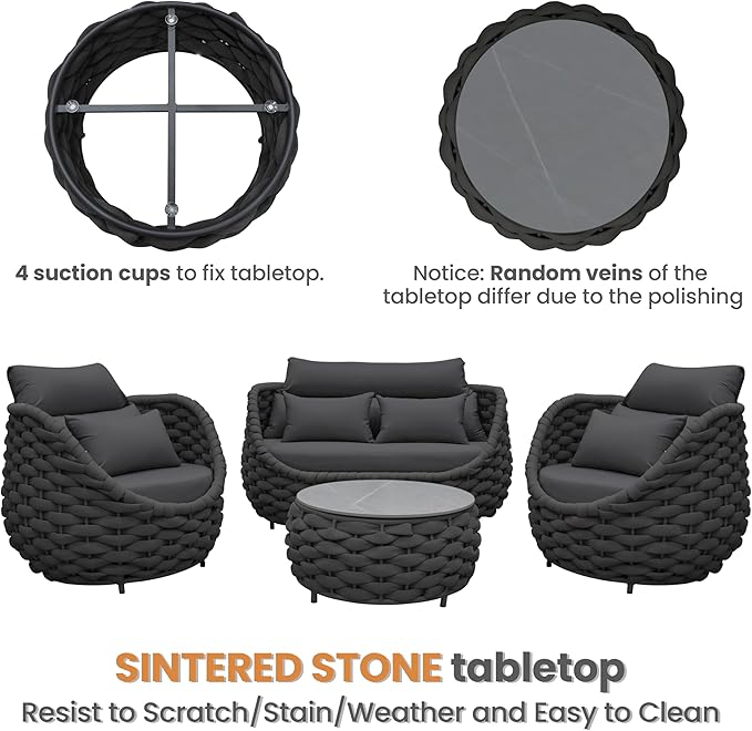 4 Pieces Outdoor Patio Furniture Set, All Weather Textilene Patio Conversation Set Patio Sofa and Loveseat Set with Table Cushions for Bistro Poolside Garden Backyard Hotel - Dark Gray