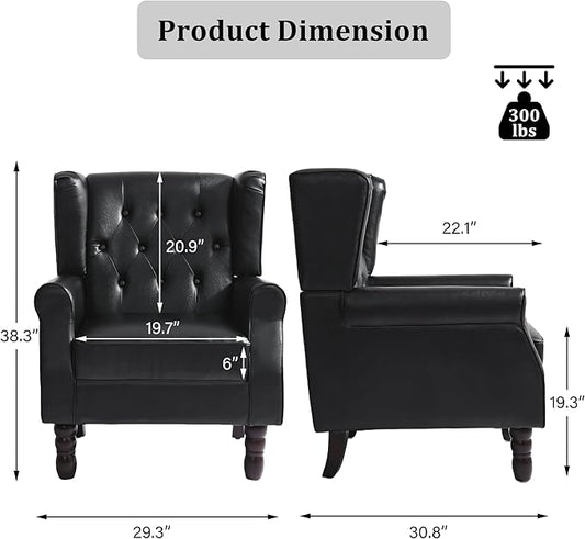 High Back Accent Chairs Set of 2, Faux Leather Wingback Chair for Living Room, Button-Tufted Upholstered Armchair with Solid Wood Legs, Comfy Single Sofa Reading Chair for Bedroom, Black