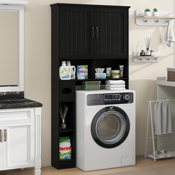 Over The Toilet Storage Cabinet, Farmhouse Storage Cabinet Over Toilet with Barn Door& Toilet Paper Holder Stand,Home Space-Saving Toilet Rack, for Bathroom, Restroom, Laundry.Pure Black