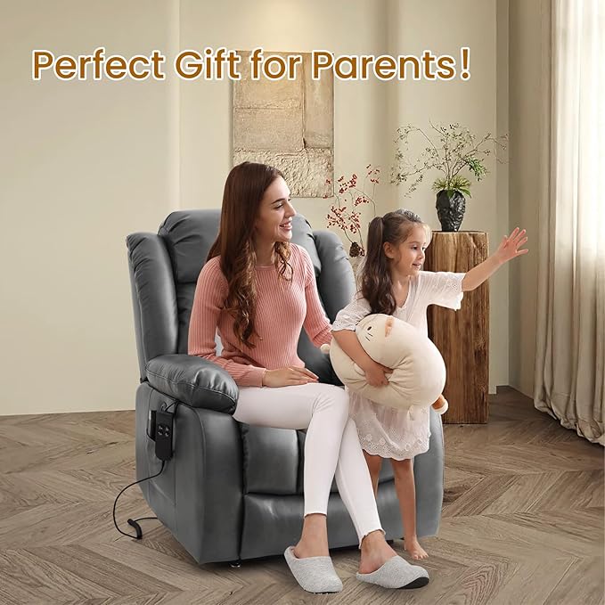 TEKAMON Power Lift Recliner Chair for Elderly with Heat & Massage, Dual Motor Breathable Leather Recliner, Lay Flat Sleeping Chairs with Infinite Position, RemoteControl(Silver Grey, Extended)