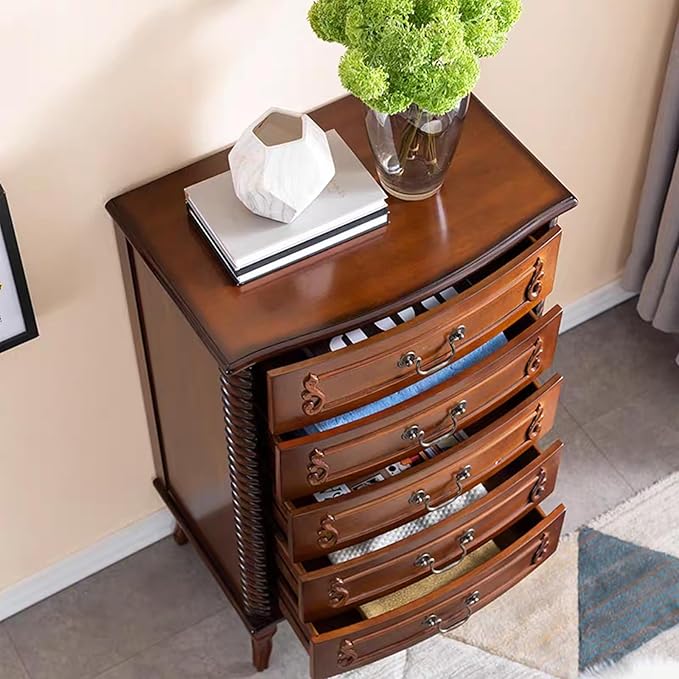 Fully Assembled Solid Wood 5 Drawer Dresser for Bedroom Tall Chest of Drawers Wood Storage Dresser with Metal Handle for Living Room Hallway Entryway, 15.74" D x 24" W x 37.4" H, Walnut