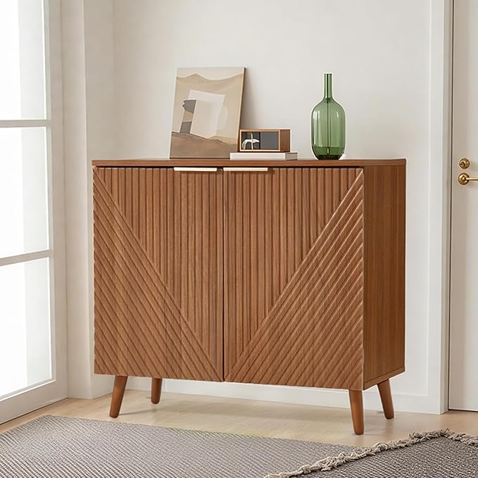Fluted Storage Cabinet with Doors Set of 2, Wooden Sideboard Buffet Cabinet with Adjustable Shelves, Modern Accent Table for Living Room, Entryway, Brown
