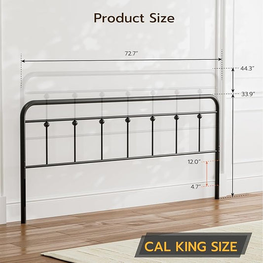 California King Size Headboard with Black Metal Construction, Adjustable Height, Sturdy Farmhouse Style Wrought Iron Headboards Only