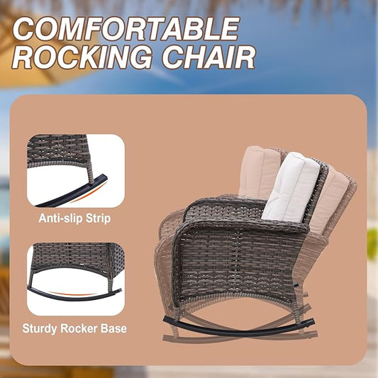 COOS BAY Vintage Courtyard Patio Furniture Set, Wicker Outdoor Furniture, Patio Conversation Sets, 2 Chairs, 2 Rocking Chairs, Loveseat, Coffee Table and Side Table, 7 Pieces, Gray/Beige